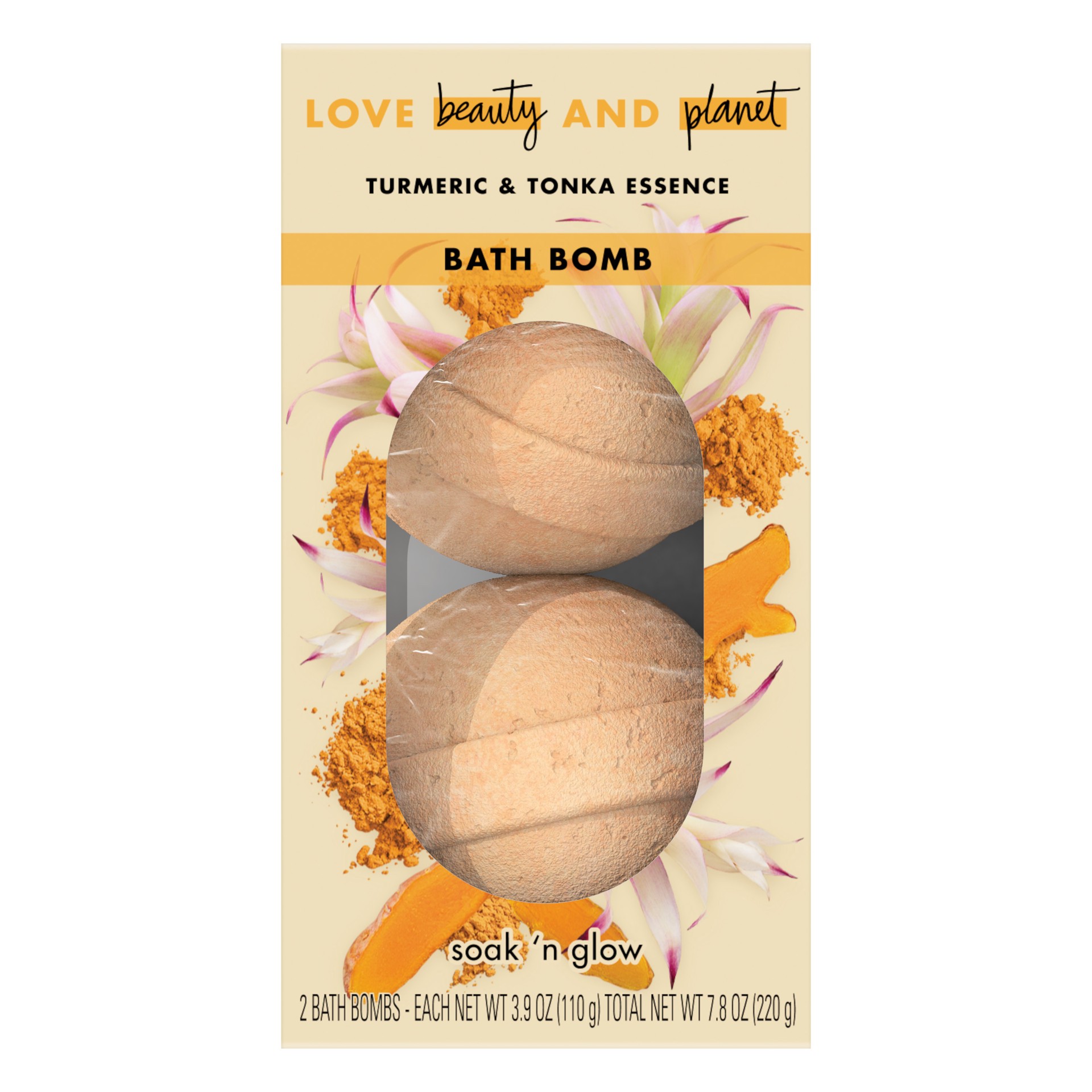 slide 1 of 3, Love Beauty and Planet Soak 'n Glow Bath Bomb Turmeric and Tonka, 2 PC, 2 ct