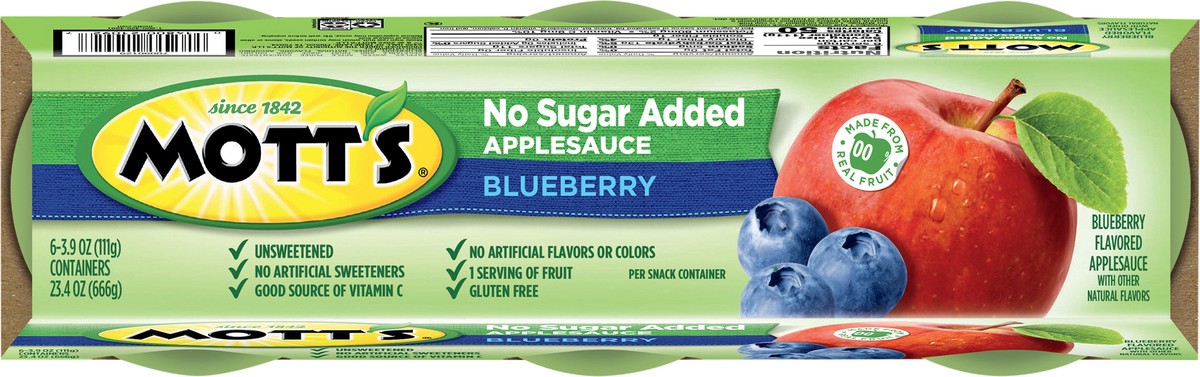 slide 7 of 7, Mott's No Sugar Added Blueberry Applesauce, 3.9 oz cups, 6 count, 6 ct