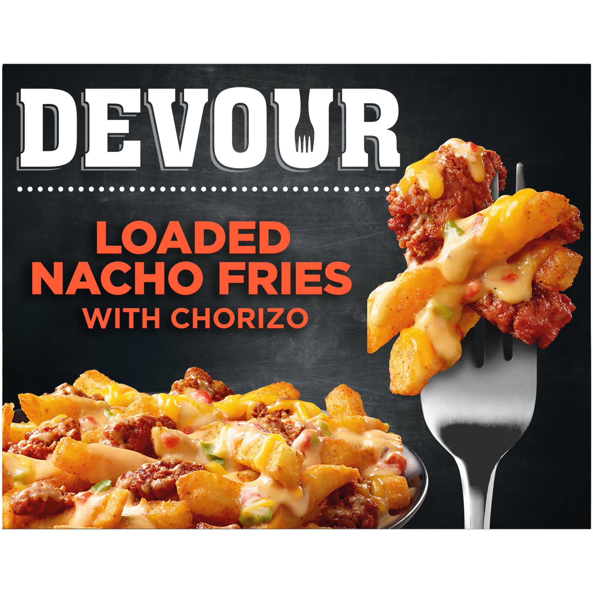 slide 1 of 2, DEVOUR Chorizo Loaded Nacho Fries Frozen Meal, 10 oz