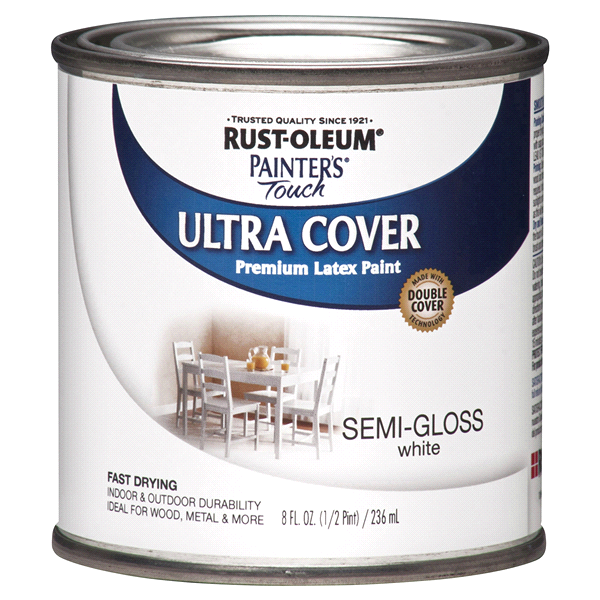 slide 1 of 1, Rust-Oleum Painters Touch Ultra Cover Multi-Purpose Brush-On Paint - 1993730, Semi-Gloss White, 1/2 pint