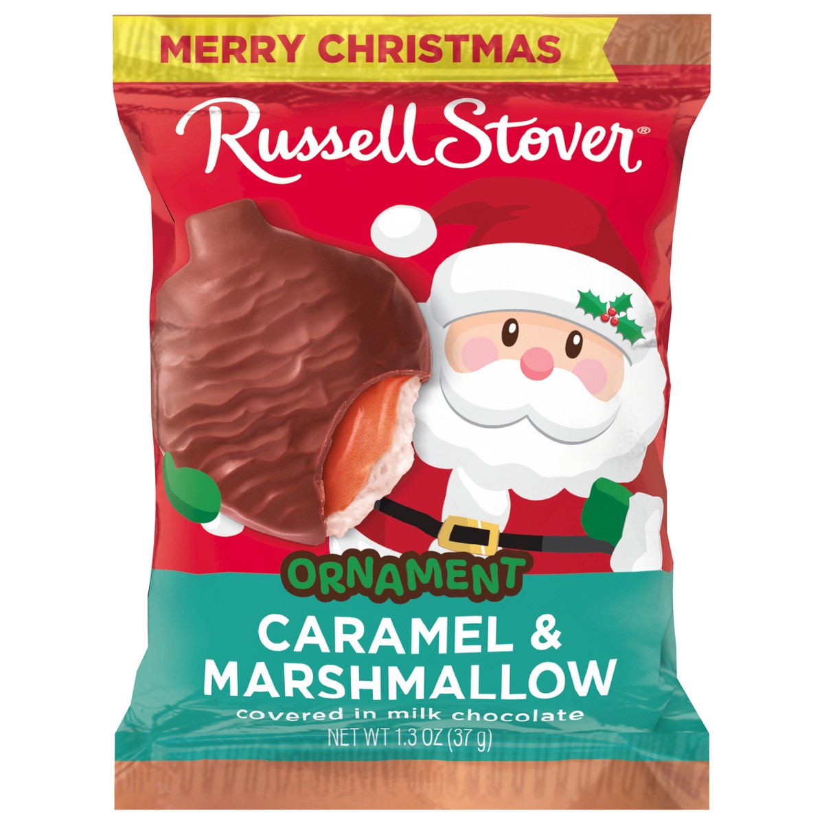 slide 2 of 3, RUSSELL STOVER Christmas Milk Chocolate Caramel and Marshmallow Candy Ornament, 1.3 oz., 1.3 oz