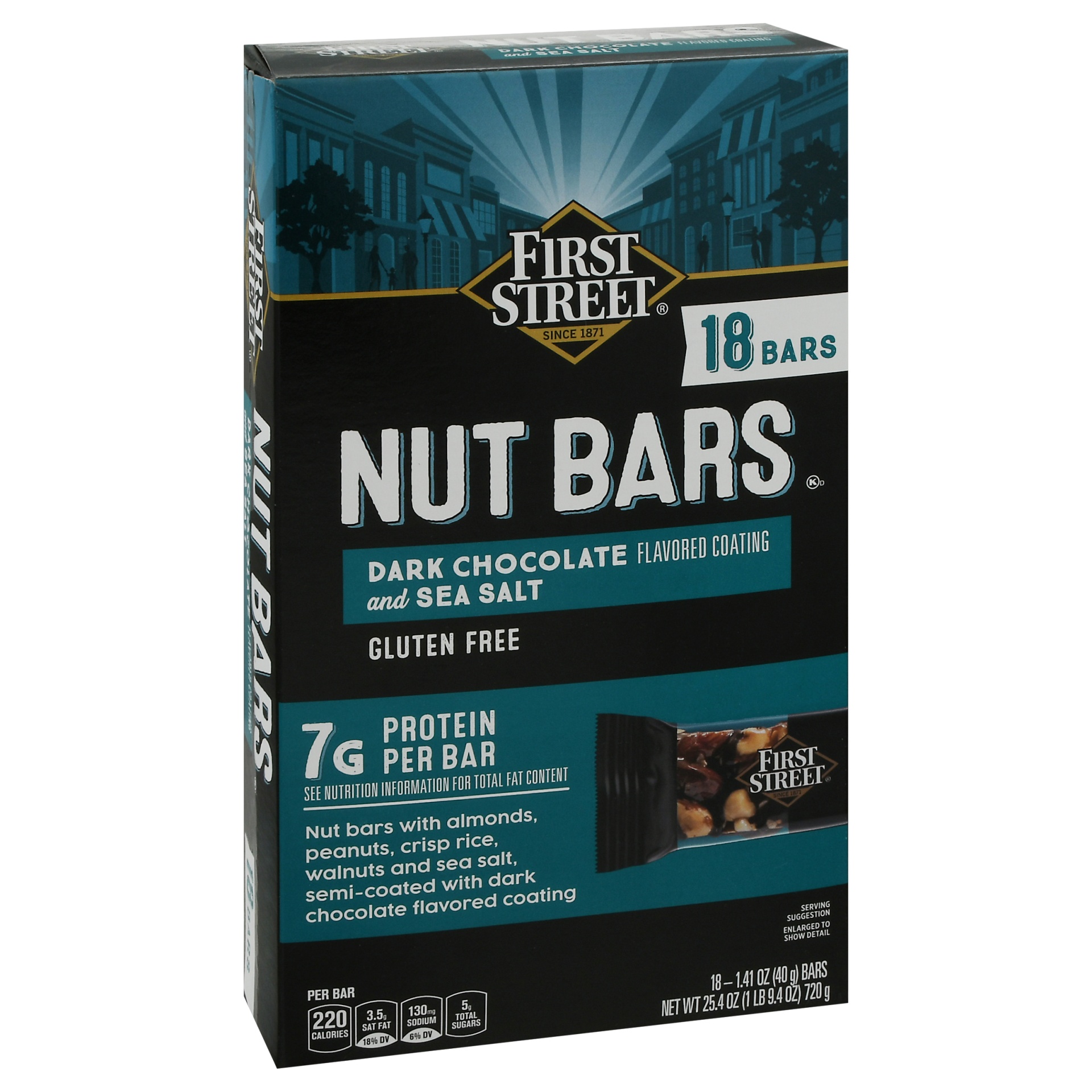 slide 1 of 1, First Street Dark Chocolate Sea Salt Nut Bars, 18 ct