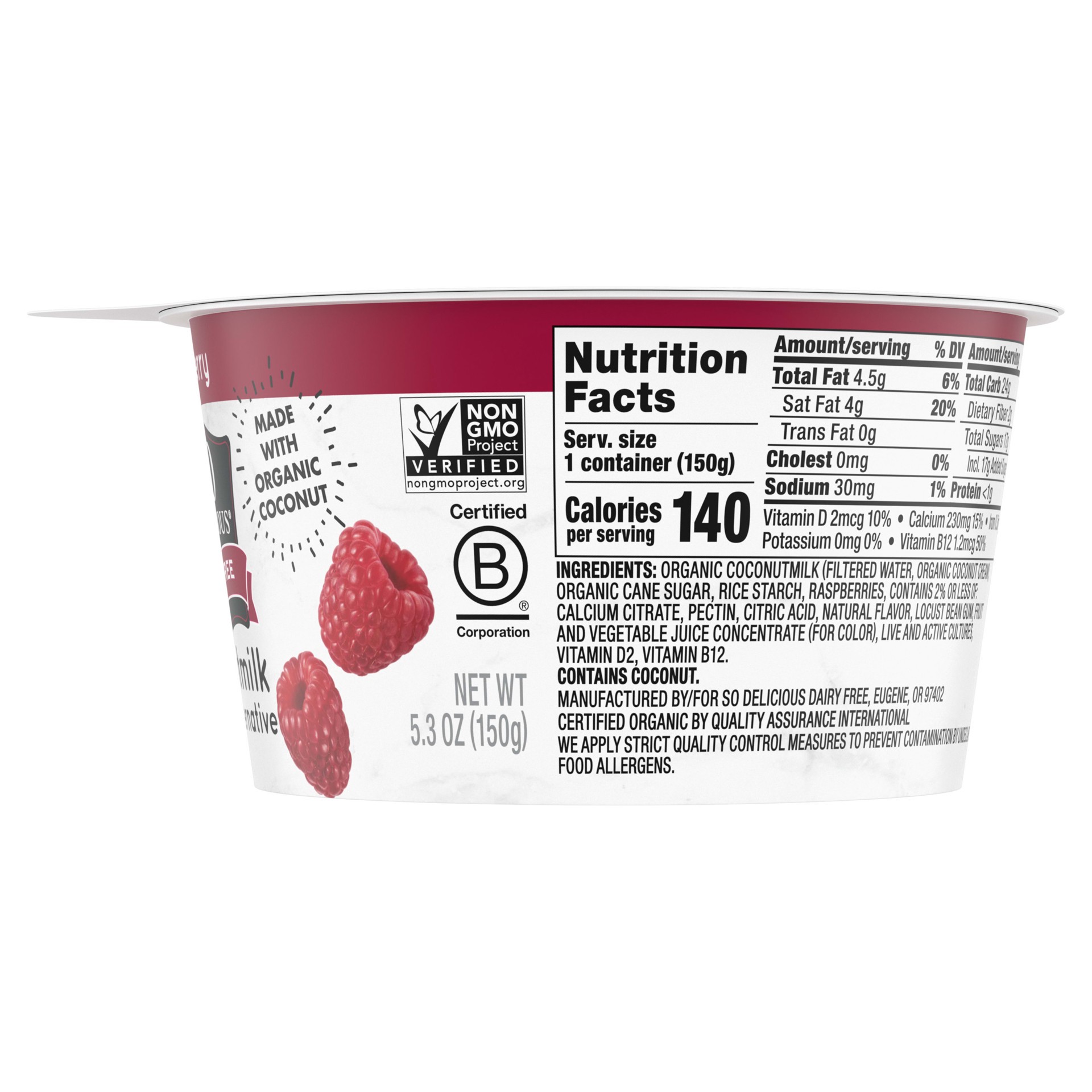 slide 3 of 5, So Delicious Coconut Milk Yogurt Alternative, Raspberry, Vegan, Gluten Free, 5.3 oz Container, 5.3 fl oz