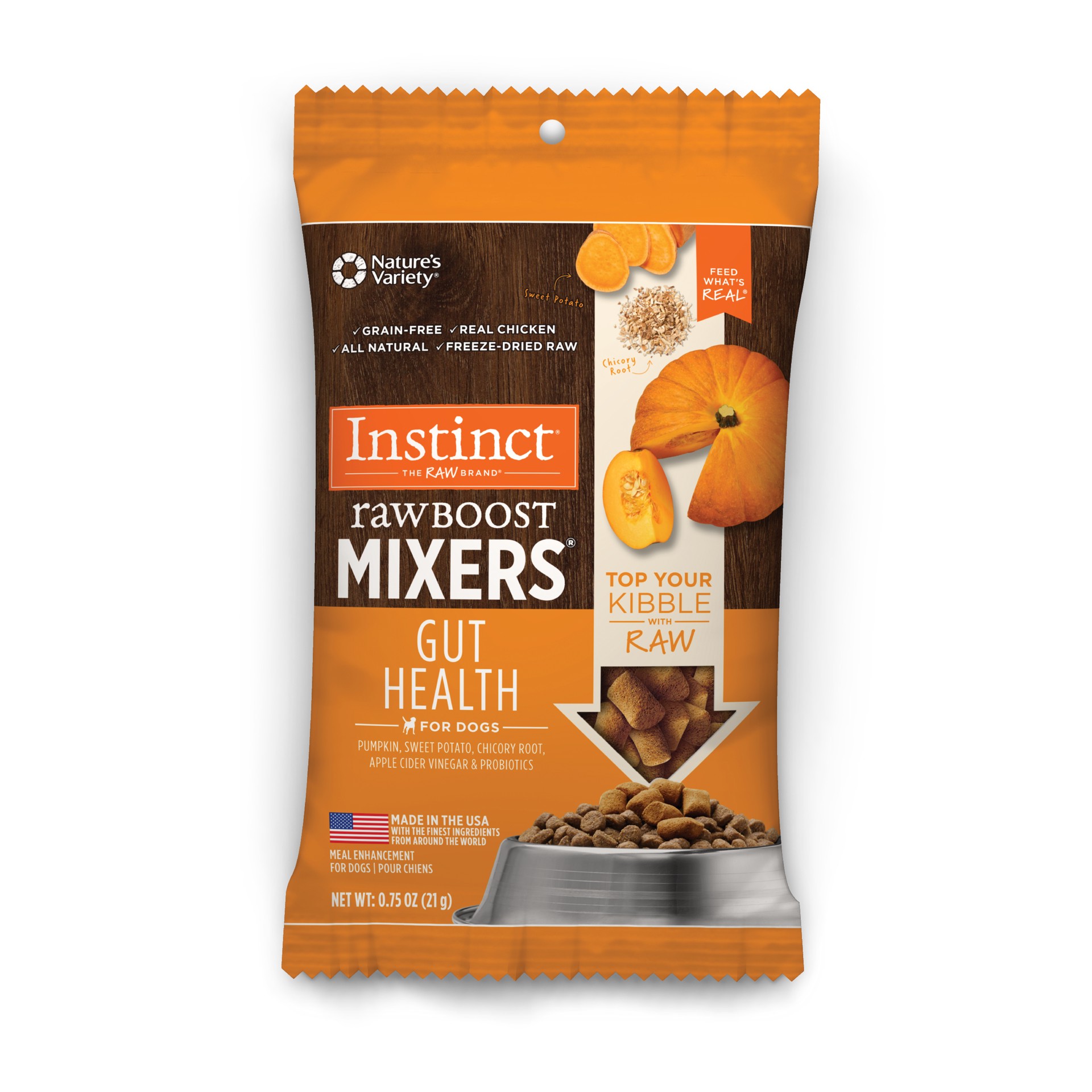 slide 1 of 9, Instinct Raw Boost Mixers Gut Health Freeze-Dried Dog Food Topper, 0.75 oz. Bag, 0.05 lb