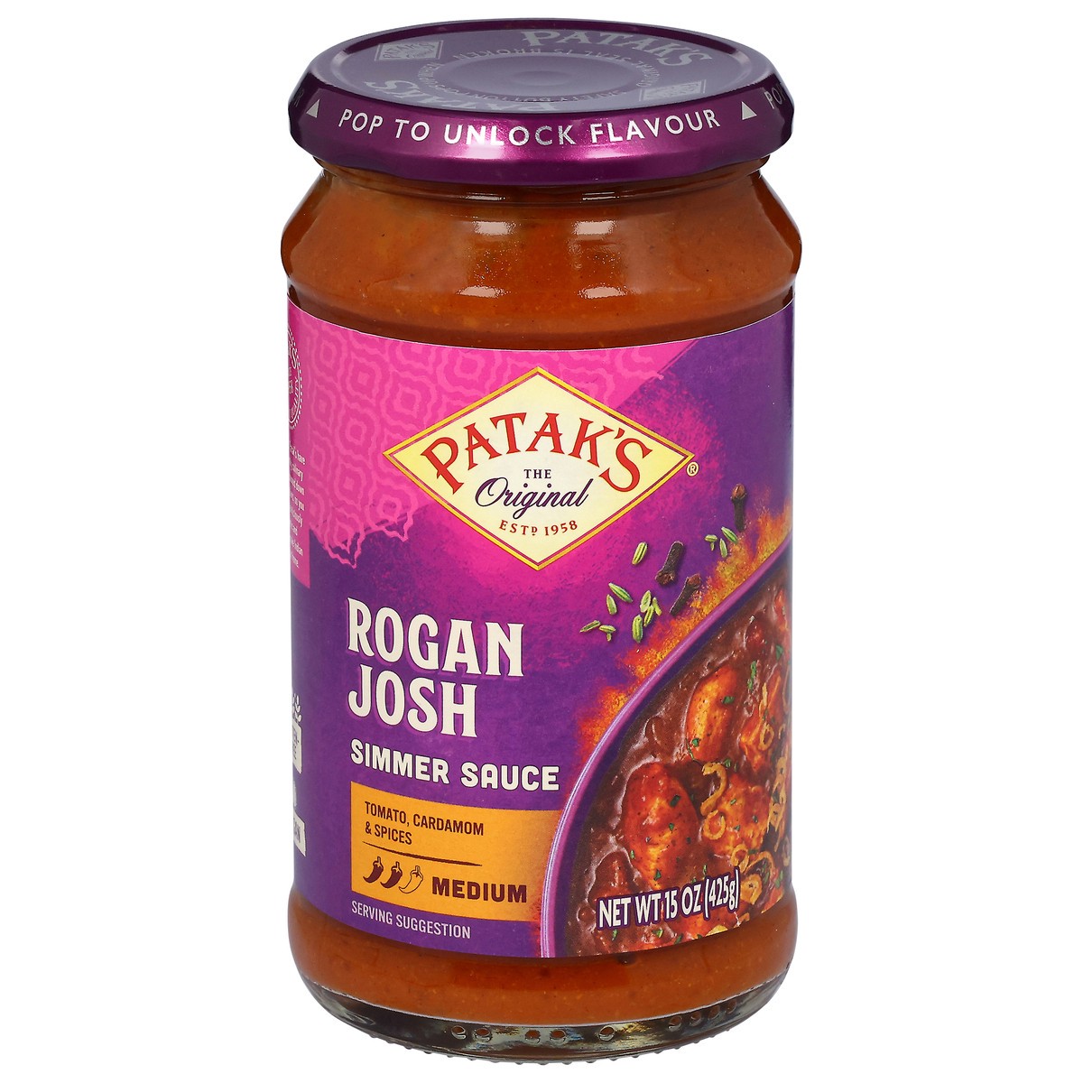 slide 1 of 13, Patak's Medium Rogan Josh Simmer Sauce 15 oz, 15 oz