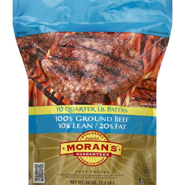 slide 1 of 1, Moran's Patties Premium Bf, 2.5 lb