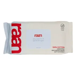 Raan 100% Cotton Sensitive Baby Wipes, Unscented, Unbleached, 1 Soft Pack (60 Wipes Total)
