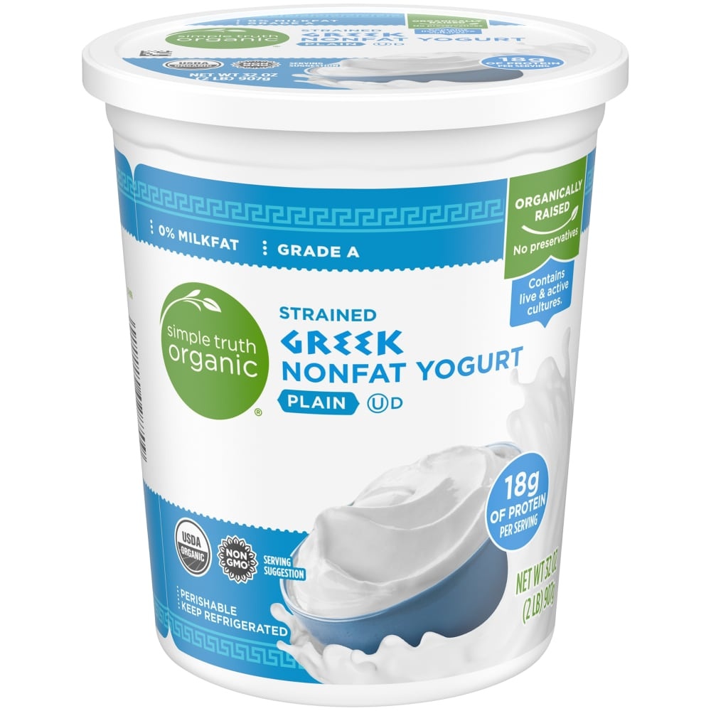 slide 1 of 1, Simple Truth Organic Strained Plain Greek Nonfat Yogurt, 32 oz