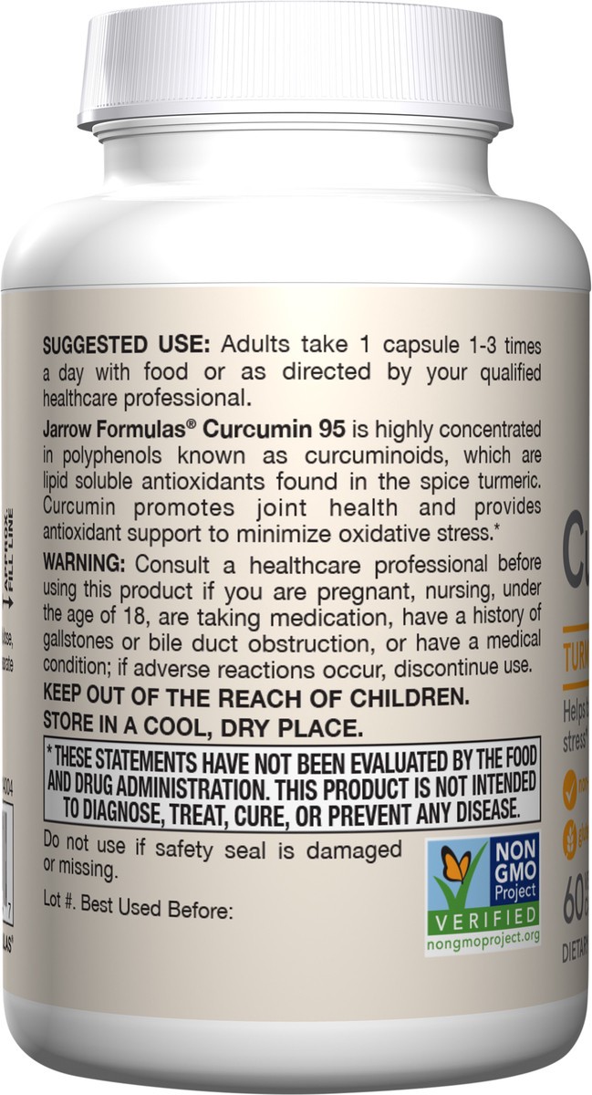 slide 3 of 4, Jarrow Formulas Curcumin 95 500 mg - Dietary Supplement - 60 Veggie Capsules - Turmeric Extract Provides Antioxidant Support - Up to 60 Servings, 60 ct