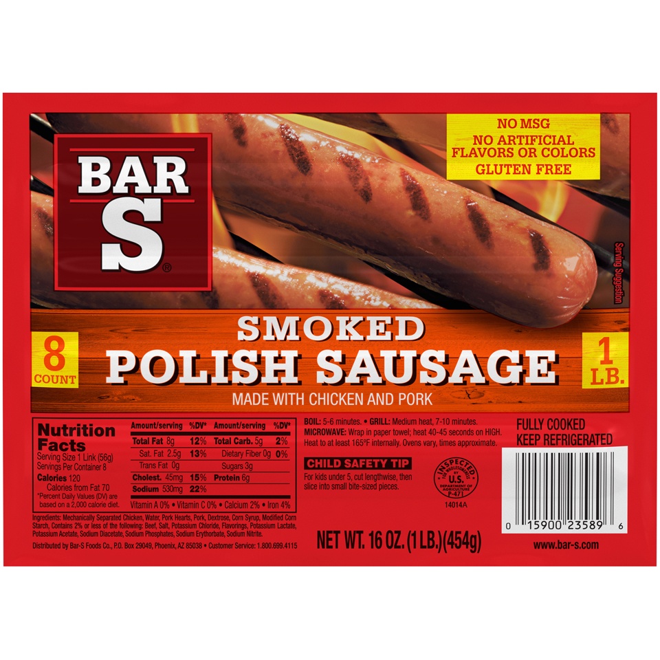 slide 1 of 7, Bar S Skinless PolishSausage, 8 ct