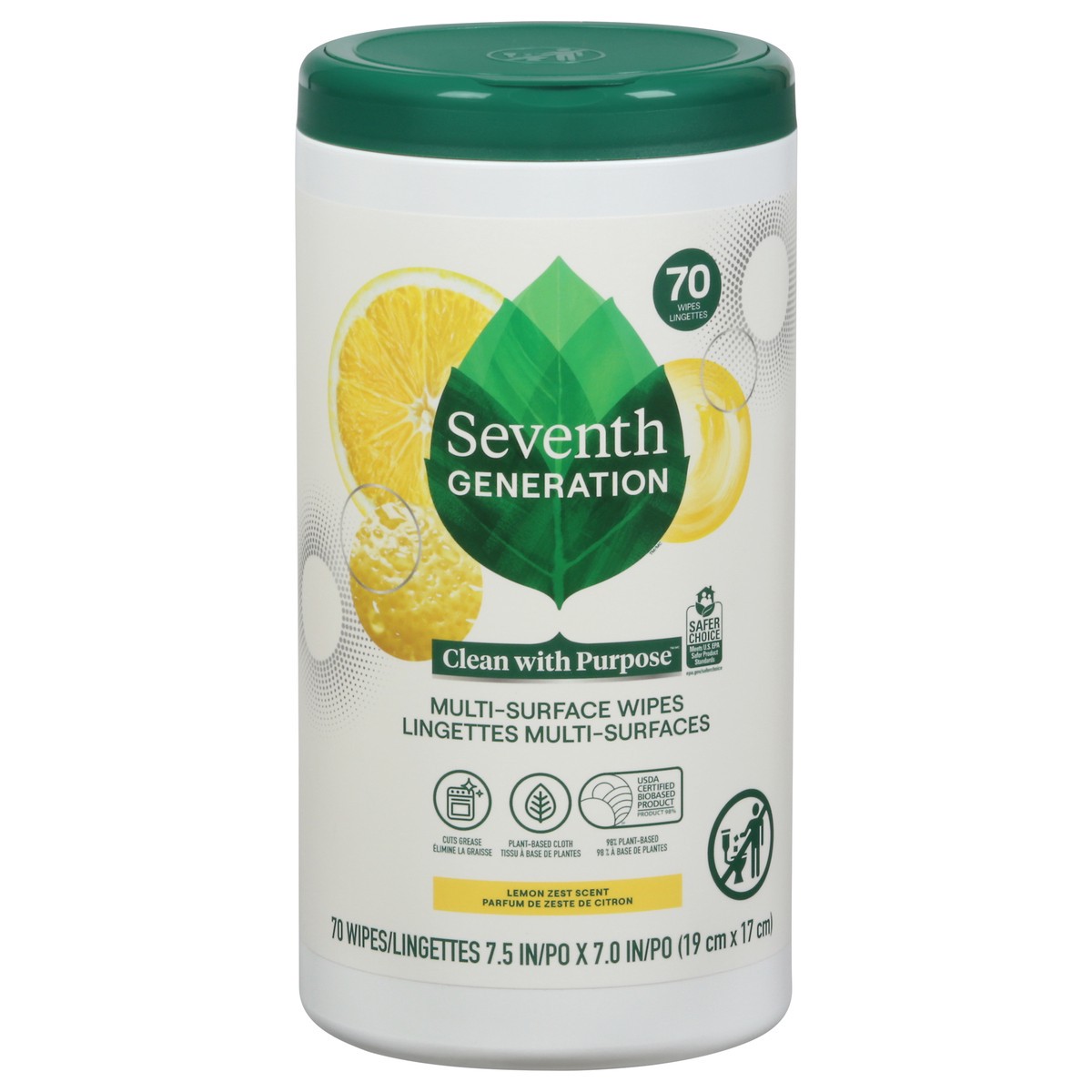 slide 1 of 1, Seventh Generation Lemon Zest Scent Multi-Surface Wipes 70 ea, 70 ct