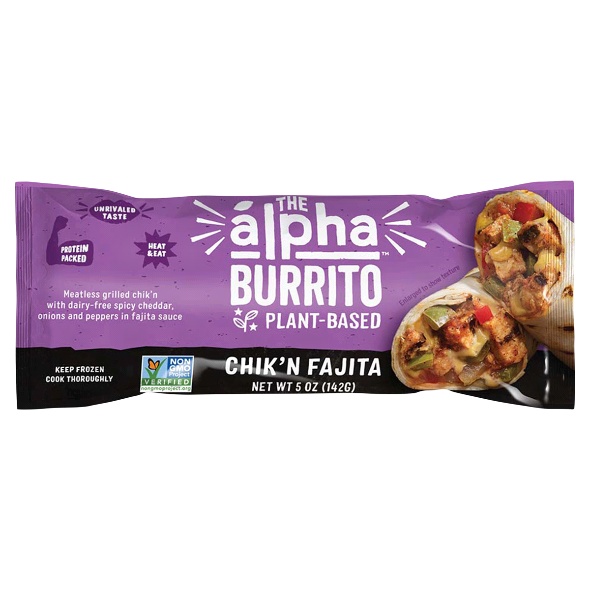 slide 1 of 1, Alpha Foods Vegan Chick'n Fajita Burrito, 5 oz