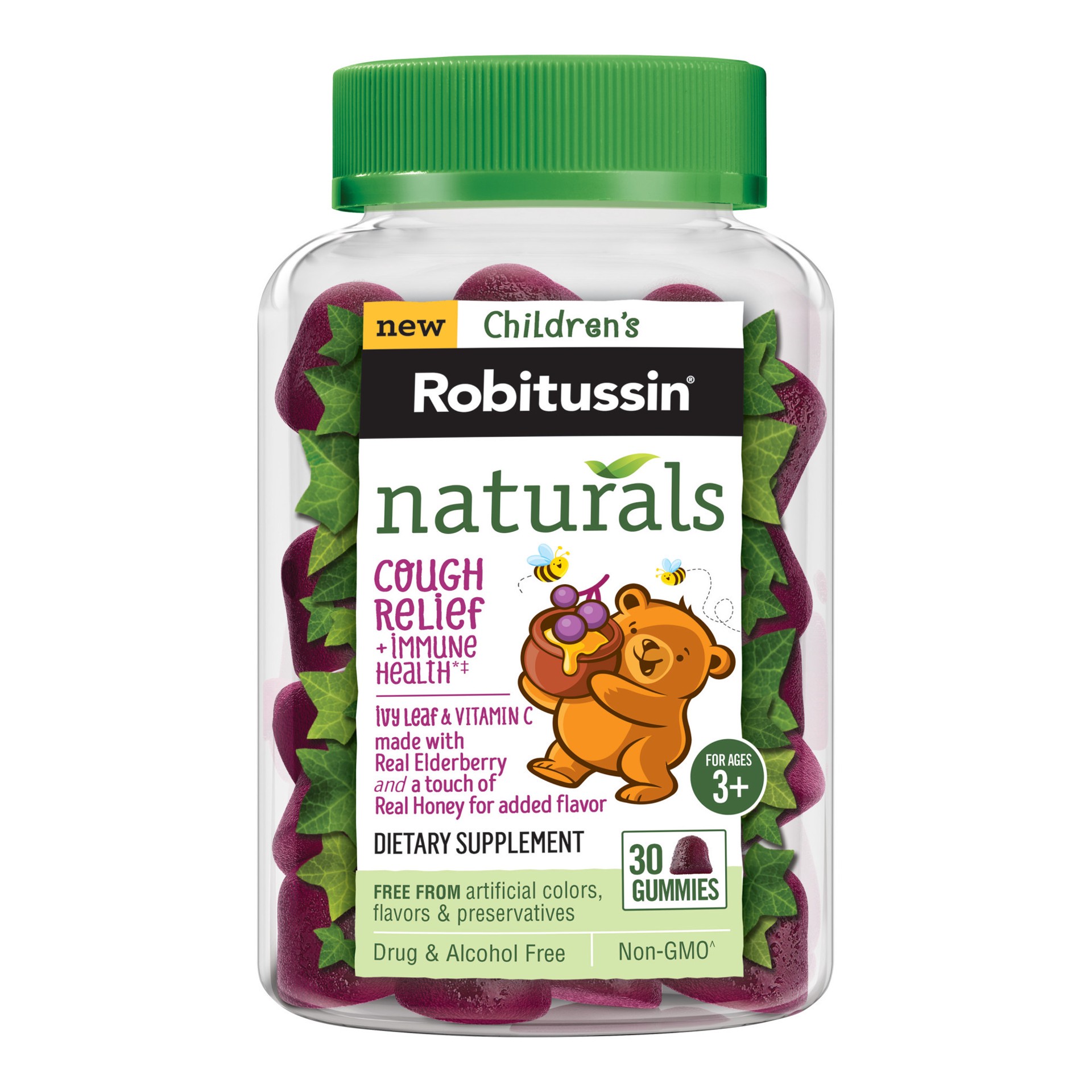 slide 2 of 2, Children's Robitussin Naturals Cough Relief & Immune Health Honey & Elderberry Gummies, Dietary Supplement, 30Ct, Ages 3+, 30 ct