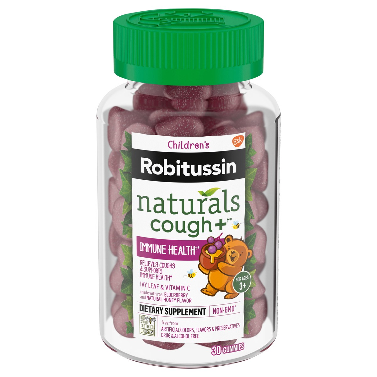 slide 1 of 2, Children's Robitussin Naturals Cough Relief & Immune Health Honey & Elderberry Gummies, Dietary Supplement, 30Ct, Ages 3+, 30 ct