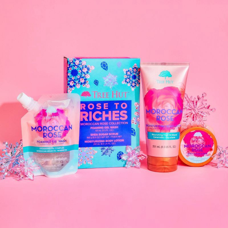 slide 3 of 5, Tree Hut Rose to Riches Foaming Gel Body Wash, Shea Sugar Scrub, and Body Lotion Gift Set - 3ct, 3 ct