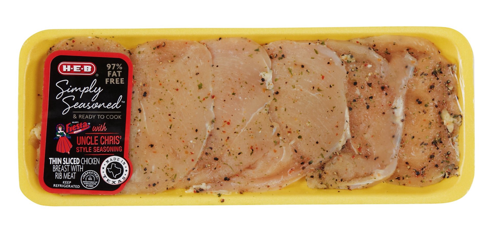 slide 1 of 1, H-E-B Simply Seasoned Thin Sliced Uncle Chris' Seasoning Chicken Breast, per lb