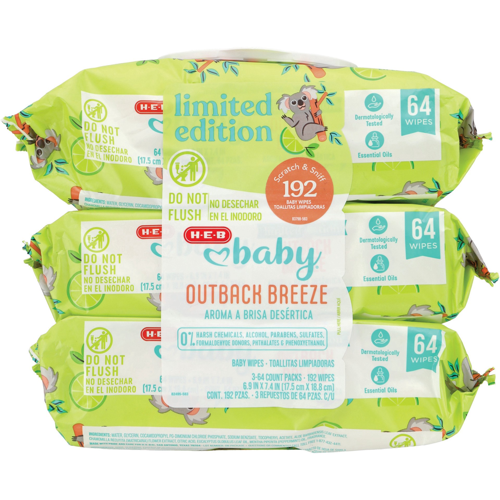 slide 1 of 1, H-E-B Baby Wipes - Outback Breeze (Eucalyptus & Lime Scent), 3 pk, 192 ct