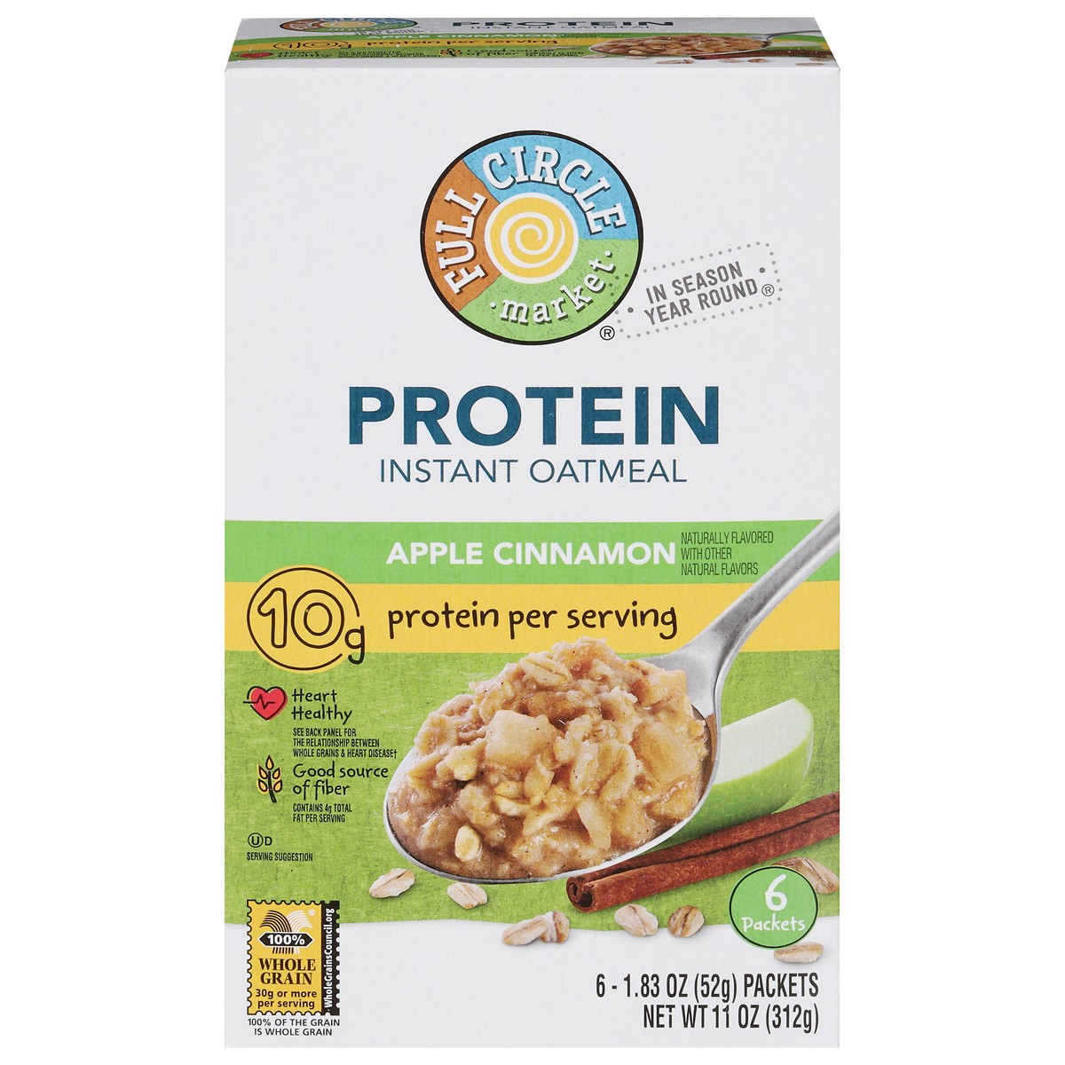 slide 1 of 4, Full Circle Market Protein Instant Apple Cinnamon Oatmeal Packet 6 ea, 11 oz