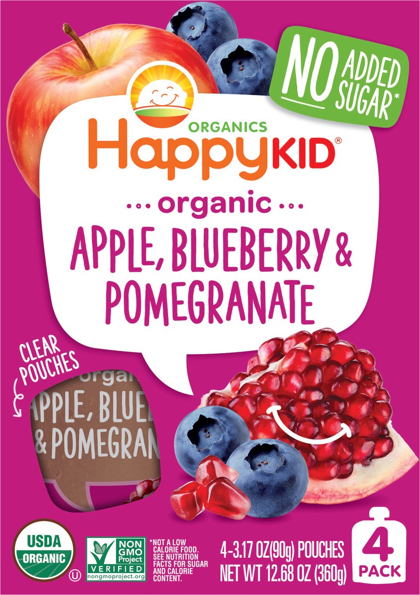 slide 3 of 3, HappyKid Happy Kid Organics Organic Apple, Blueberry & Pomegranate Pouch 4pk 3.17 oz UNIT, 4 ct