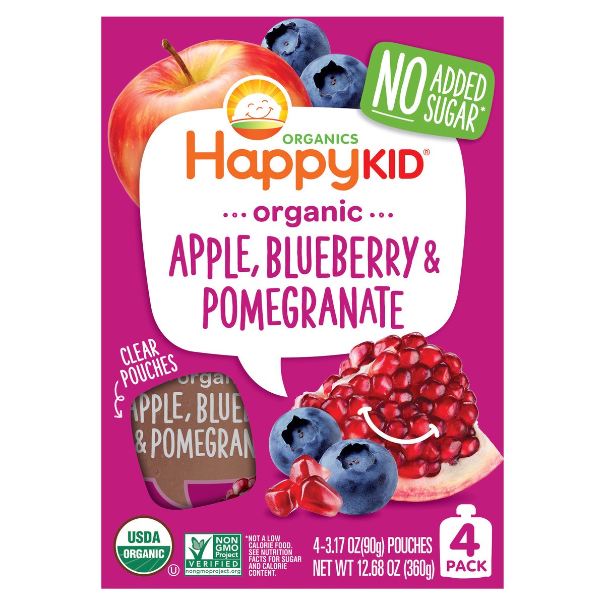 slide 1 of 3, HappyKid Happy Kid Organics Organic Apple, Blueberry & Pomegranate Pouch 4pk 3.17 oz UNIT, 4 ct