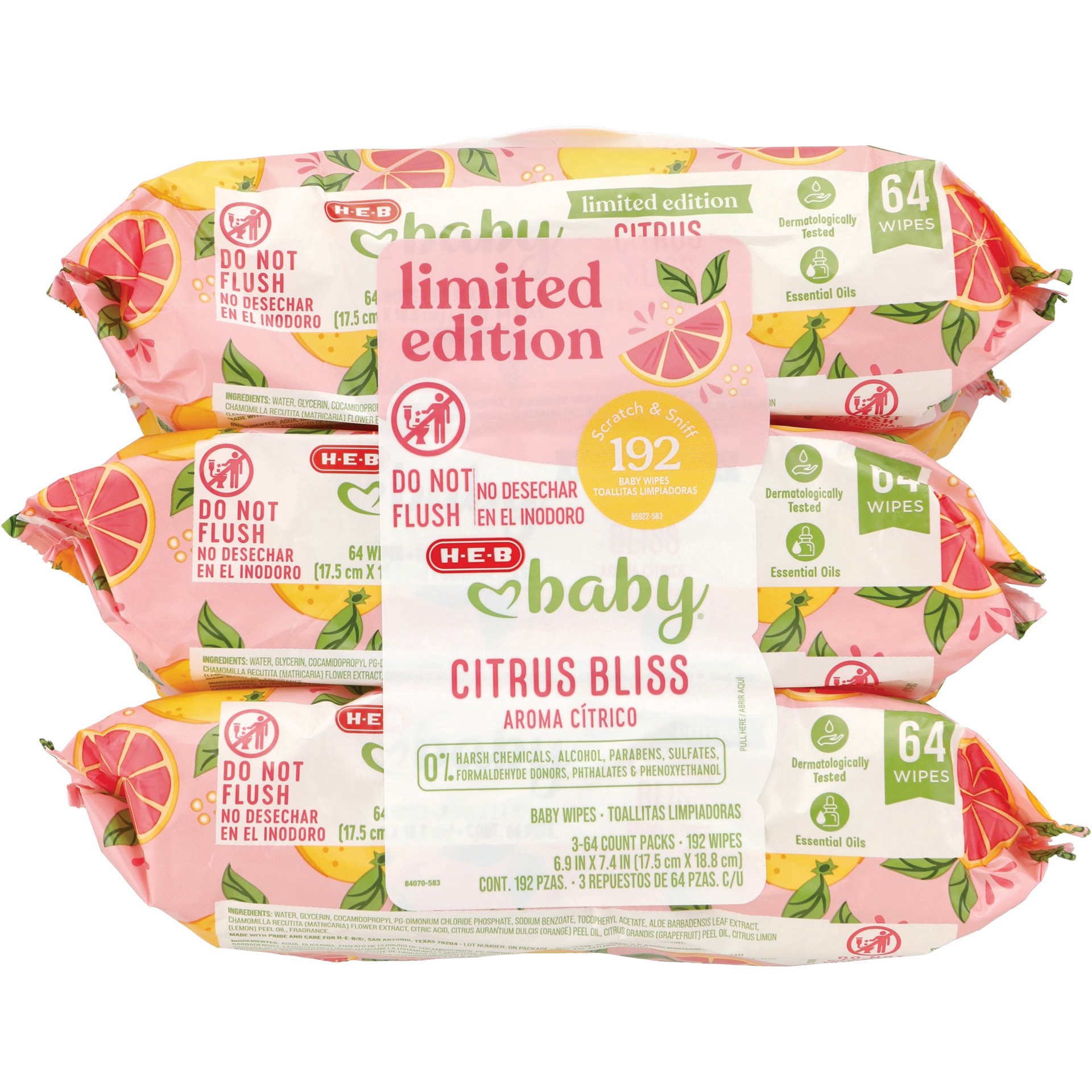 slide 1 of 1, H-E-B Baby Wipes - Citrus Bliss (Sea Salt & Grapefruit Scent), 3 pk, 192 ct