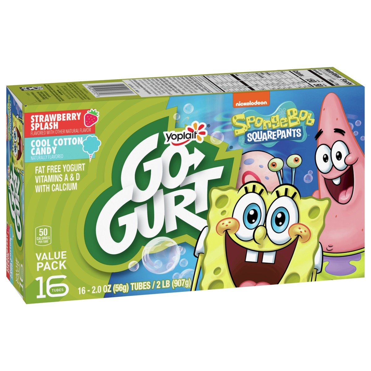 slide 6 of 9, Go-GURT SpongeBob SquarePants Strawberry Splash and Cool Cotton Candy Kids Fat Free Yogurt Variety Pack, Gluten Free, 2 oz Yogurt Tubes (16 Ct), 16 ct