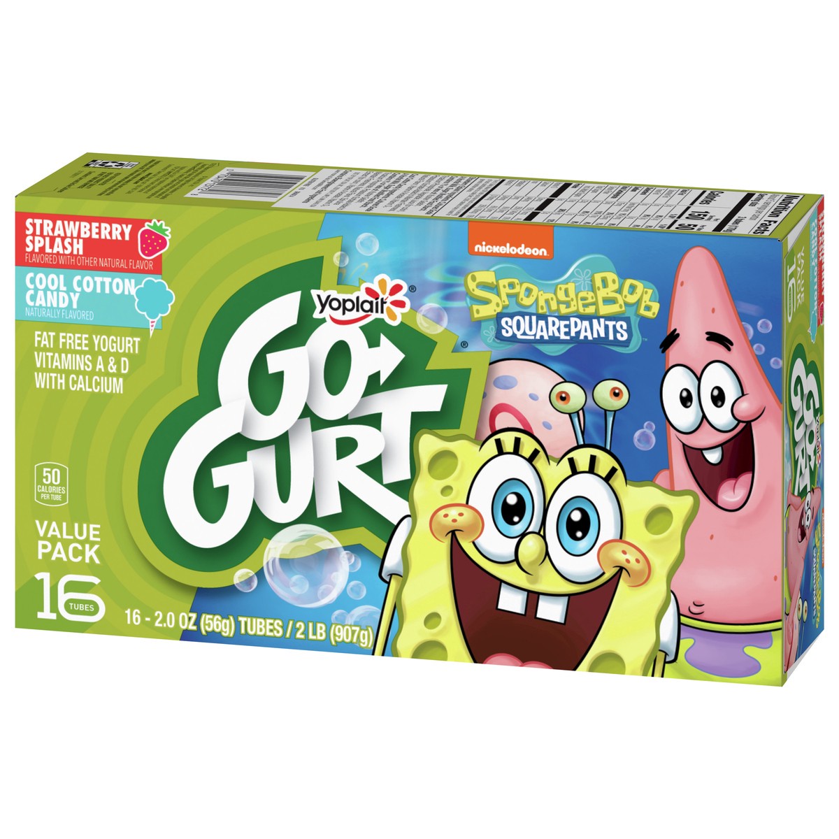 slide 7 of 9, Go-GURT SpongeBob SquarePants Strawberry Splash and Cool Cotton Candy Kids Fat Free Yogurt Variety Pack, Gluten Free, 2 oz Yogurt Tubes (16 Ct), 16 ct