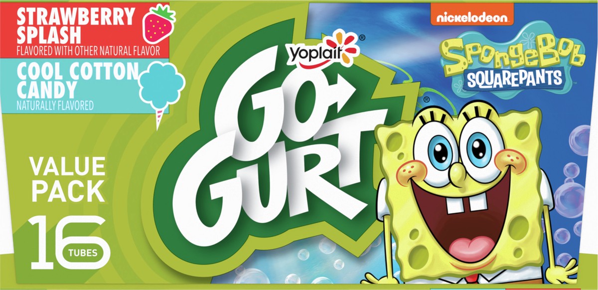 slide 2 of 9, Go-GURT SpongeBob SquarePants Strawberry Splash and Cool Cotton Candy Kids Fat Free Yogurt Variety Pack, Gluten Free, 2 oz Yogurt Tubes (16 Ct), 16 ct