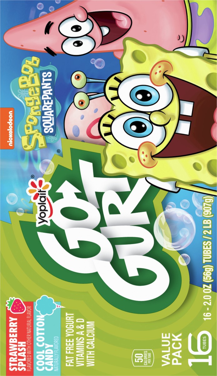 slide 4 of 9, Go-GURT SpongeBob SquarePants Strawberry Splash and Cool Cotton Candy Kids Fat Free Yogurt Variety Pack, Gluten Free, 2 oz Yogurt Tubes (16 Ct), 16 ct