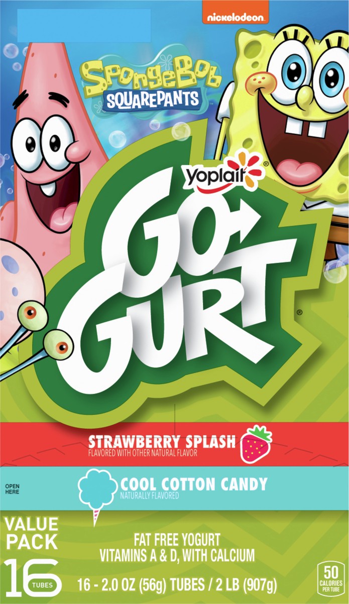 slide 3 of 9, Go-GURT SpongeBob SquarePants Strawberry Splash and Cool Cotton Candy Kids Fat Free Yogurt Variety Pack, Gluten Free, 2 oz Yogurt Tubes (16 Ct), 16 ct