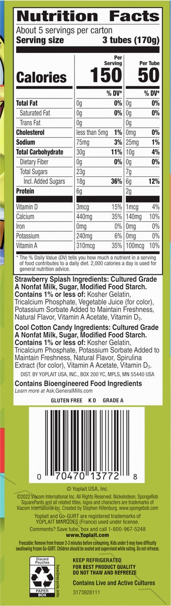 slide 9 of 9, Go-GURT SpongeBob SquarePants Strawberry Splash and Cool Cotton Candy Kids Fat Free Yogurt Variety Pack, Gluten Free, 2 oz Yogurt Tubes (16 Ct), 16 ct