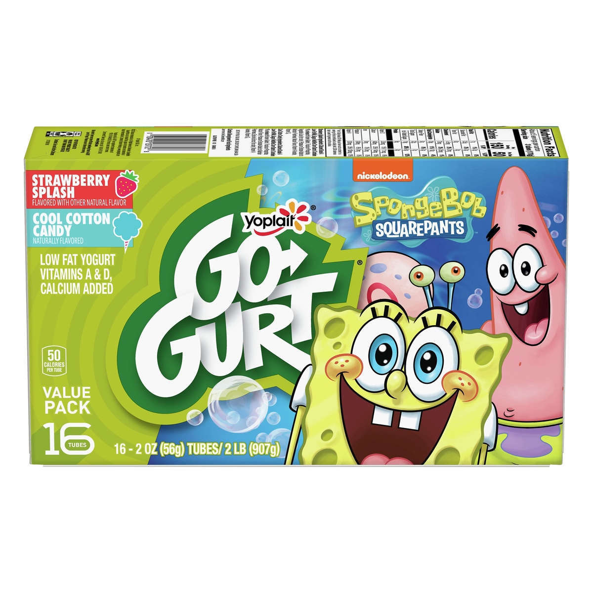 slide 1 of 1, Go-Gurt Value Pack Low Fat Spongebob Squarepants Strawberry Splash/Cool Cotton Candy Yogurt 16 ea, 16 ct; 2 oz