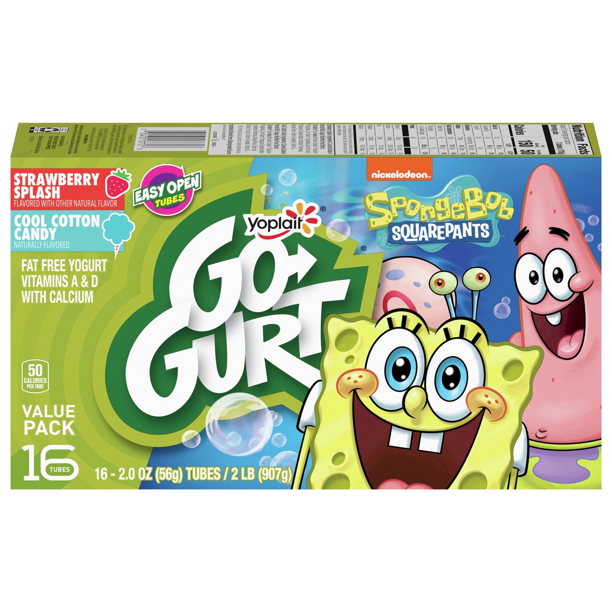 slide 1 of 9, Go-GURT SpongeBob SquarePants Strawberry Splash and Cool Cotton Candy Kids Fat Free Yogurt Variety Pack, Gluten Free, 2 oz Yogurt Tubes (16 Ct), 16 ct