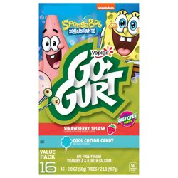 Go-GURT SpongeBob SquarePants Strawberry Splash and Cool Cotton Candy Kids Fat Free Yogurt Variety Pack, Gluten Free, 2 oz Yogurt Tubes (16 Ct)