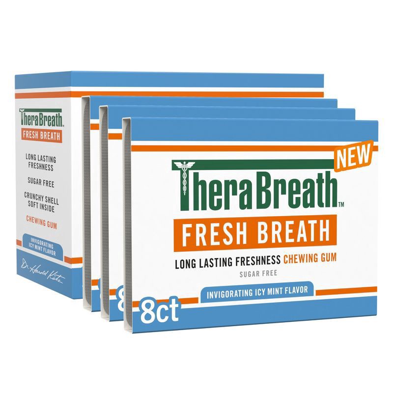 slide 1 of 9, TheraBreath Fresh Breath Chewing Gum for adults, Invigorating Icy Mint Flavor, Long Lasting Freshness on-the-go, Zero Calorie & Sugar-Free with Xylitol, 3 Pack, 3 ct