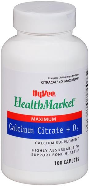 slide 1 of 1, Hy-Vee Health Market Maximum Calcium Citrate + D3 Caplets, 100 ct
