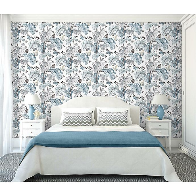 slide 1 of 9, RoomMates Boho Palm Peel & Stick Wallpaper - Blue/Grey, 1 ct