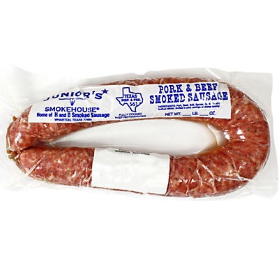 slide 1 of 1, Junior's Smoked Beef & Pork Sausage, per lb