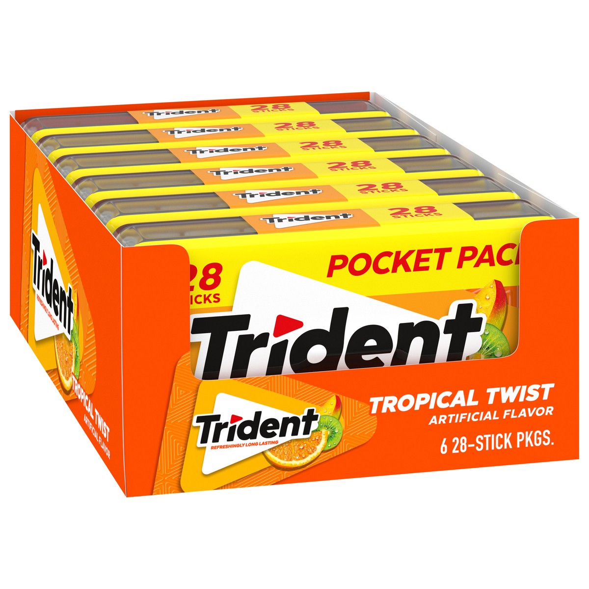 slide 4 of 9, Trident Tropical Twist Sugar Free Gum, 6 Pocket Packs of 28 Pieces (168 Total Pieces), 10.67 oz