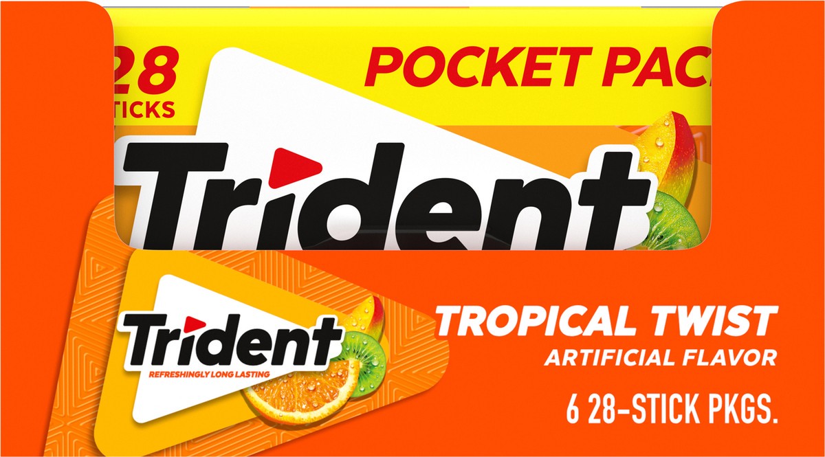 slide 2 of 9, Trident Tropical Twist Sugar Free Gum, 6 Pocket Packs of 28 Pieces (168 Total Pieces), 10.67 oz