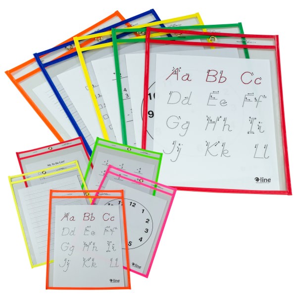slide 2 of 3, C-Line Reusable Dry-Erase Pockets, 9" X 12", Assorted Colors, Pack Of 5 Pockets, 5 ct