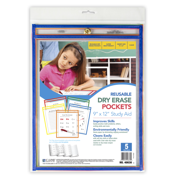 slide 3 of 3, C-Line Reusable Dry-Erase Pockets, 9" X 12", Assorted Colors, Pack Of 5 Pockets, 5 ct