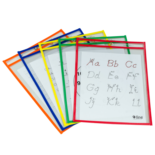 slide 1 of 3, C-Line Reusable Dry-Erase Pockets, 9" X 12", Assorted Colors, Pack Of 5 Pockets, 5 ct