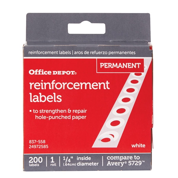 slide 1 of 3, Office Depot Brand Permanent Self-Adhesive Reinforcement Labels, 1/4'' Diameter, White, Pack Of 200, 200 ct