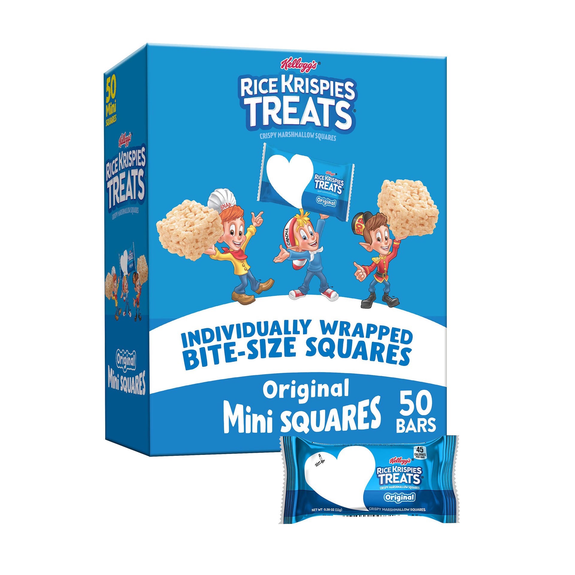 slide 1 of 5, Rice Krispies Treats Mini Marshmallow Snack Bars, Kids Snacks, Lunch Snacks, Original, 19.5oz Box, 50 Bars, 19.5 oz