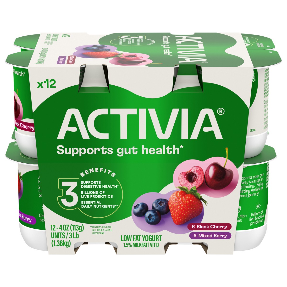 slide 1 of 8, Activia Black Cherry and Mixed Berry Probiotic Yogurt, Lowfat Yogurt Cups, 4 OZ, 12 CT, 4 oz