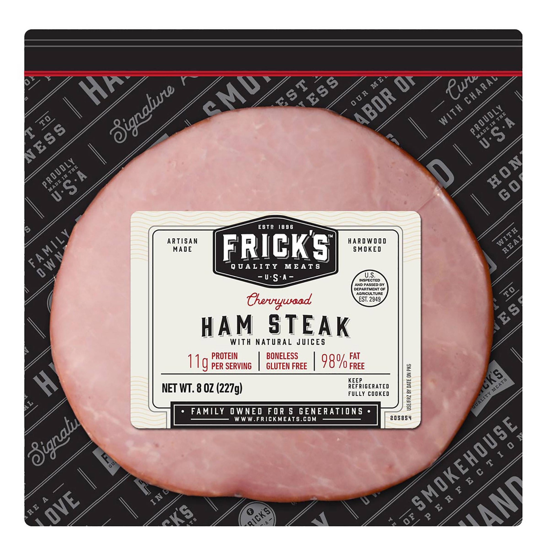slide 1 of 3, Frick's Cherrywood Smoked Boneless Ham Steak with Natural Juices, 8 oz