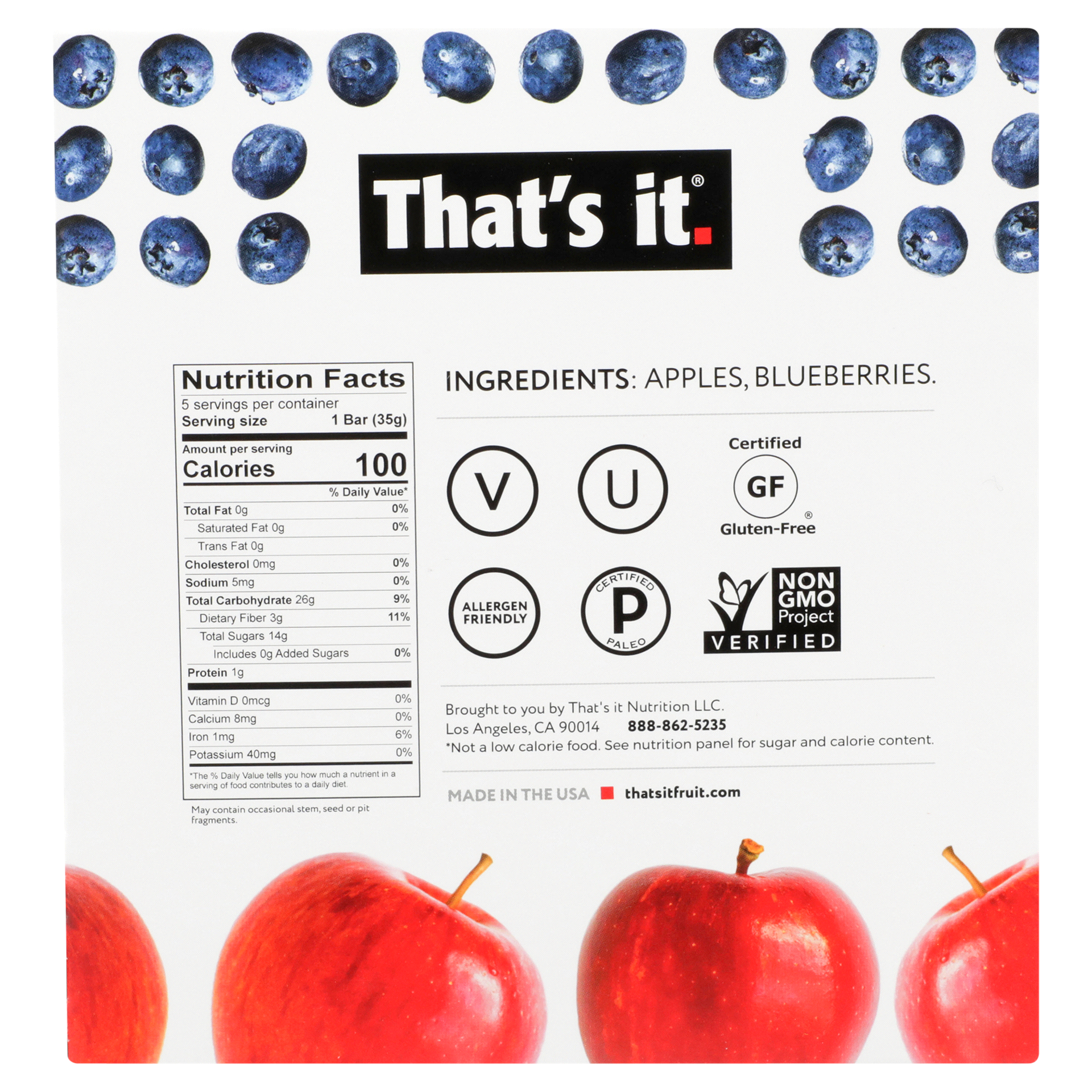 slide 8 of 13, That's it. 1 Apple + 20 Blueberries Fruit Bar 5 - 1.2 oz Bars, 5 ct