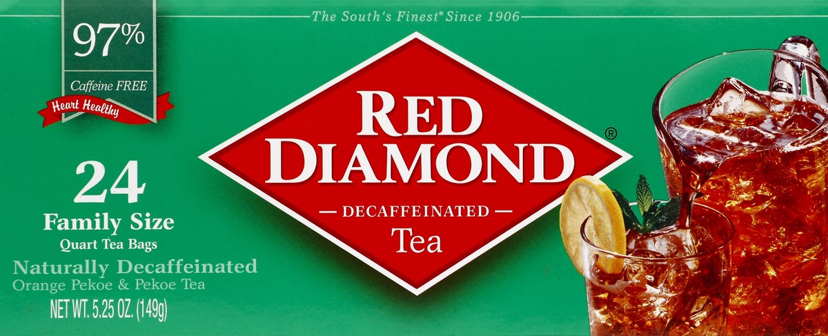 slide 5 of 5, Red Diamond Orange Pekoe & Pekoe Tea, Naturally Decaffeinated, Family Size Quart Bags - 24 ct, 24 ct