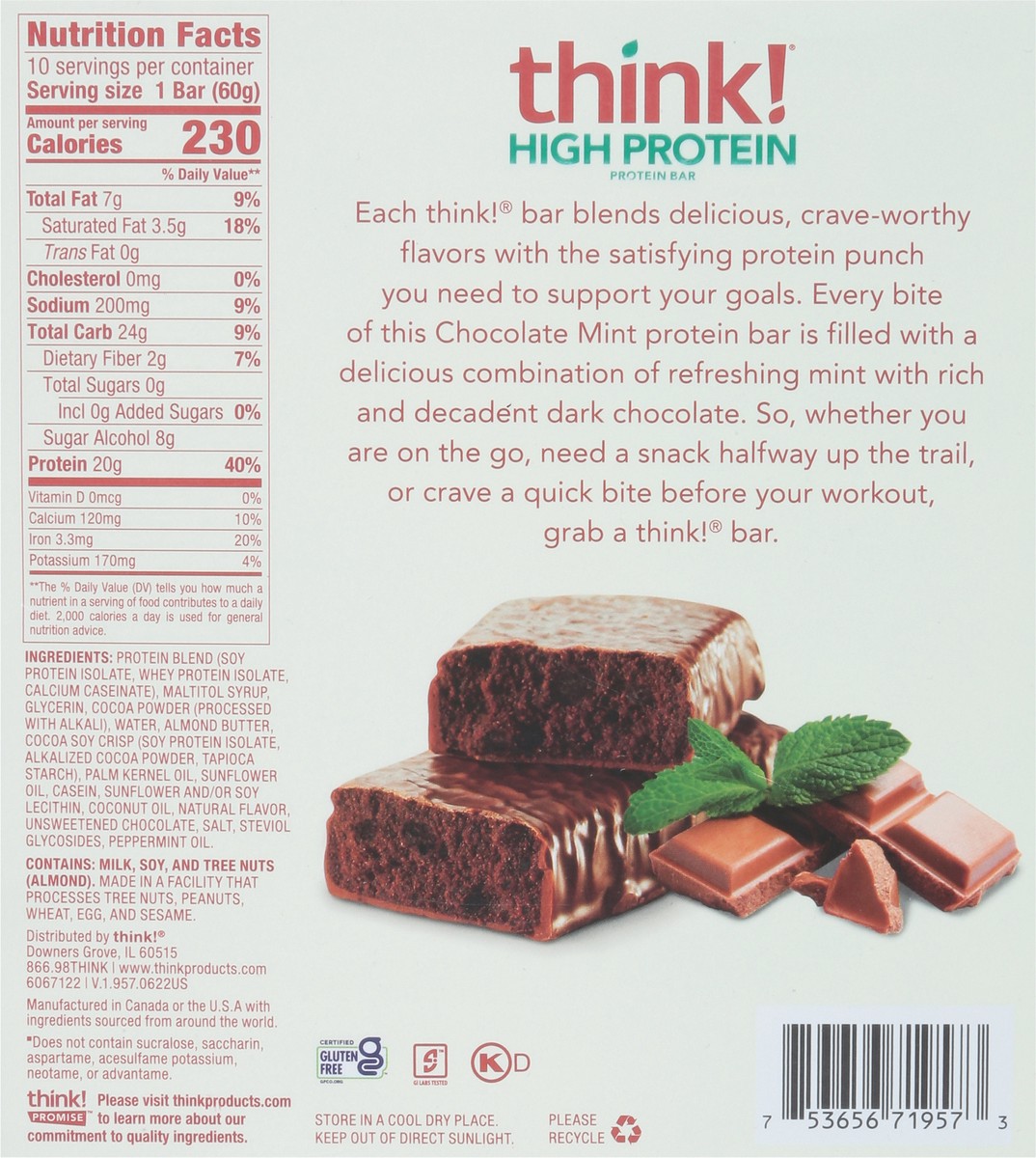 slide 8 of 9, think! Chocolate Mint High Protein Bars 10 - 2.1 oz Bars, 10 ct